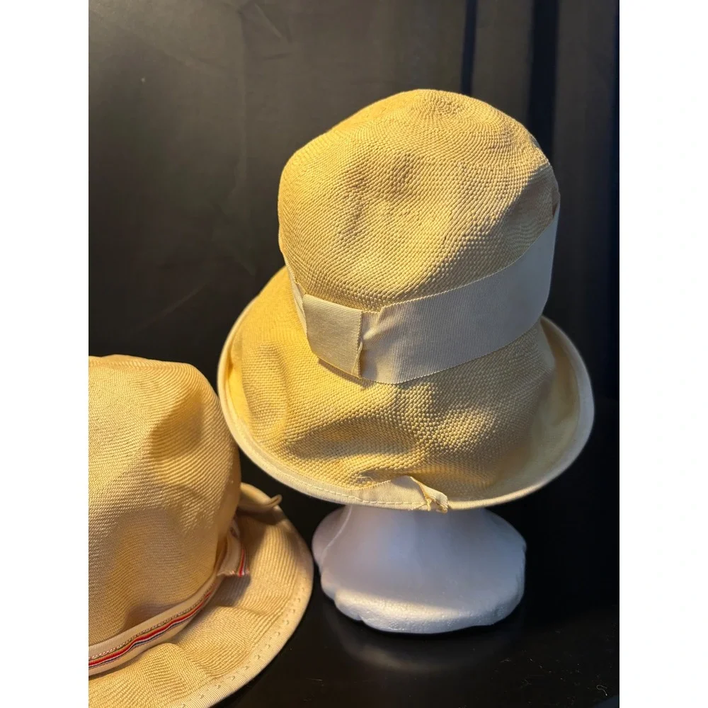 Vintage Miss Bierner Originals Straw Bucket Hat Set Tan Striped Ribbon Bow 2pc